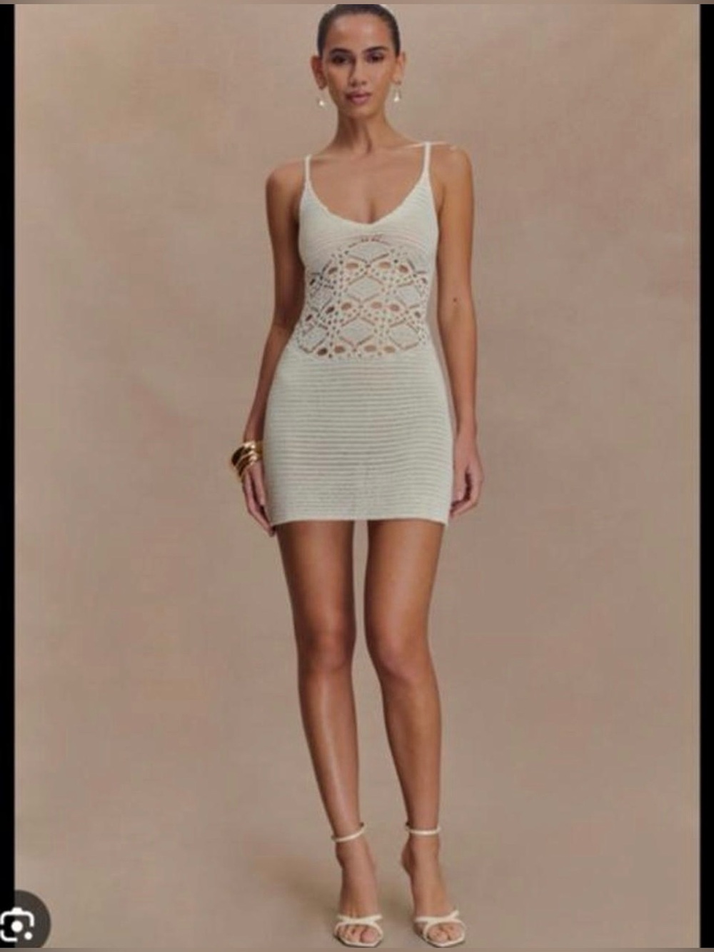 Meshki Cream Crochet Panel Spaghetti Strap Mini Dress